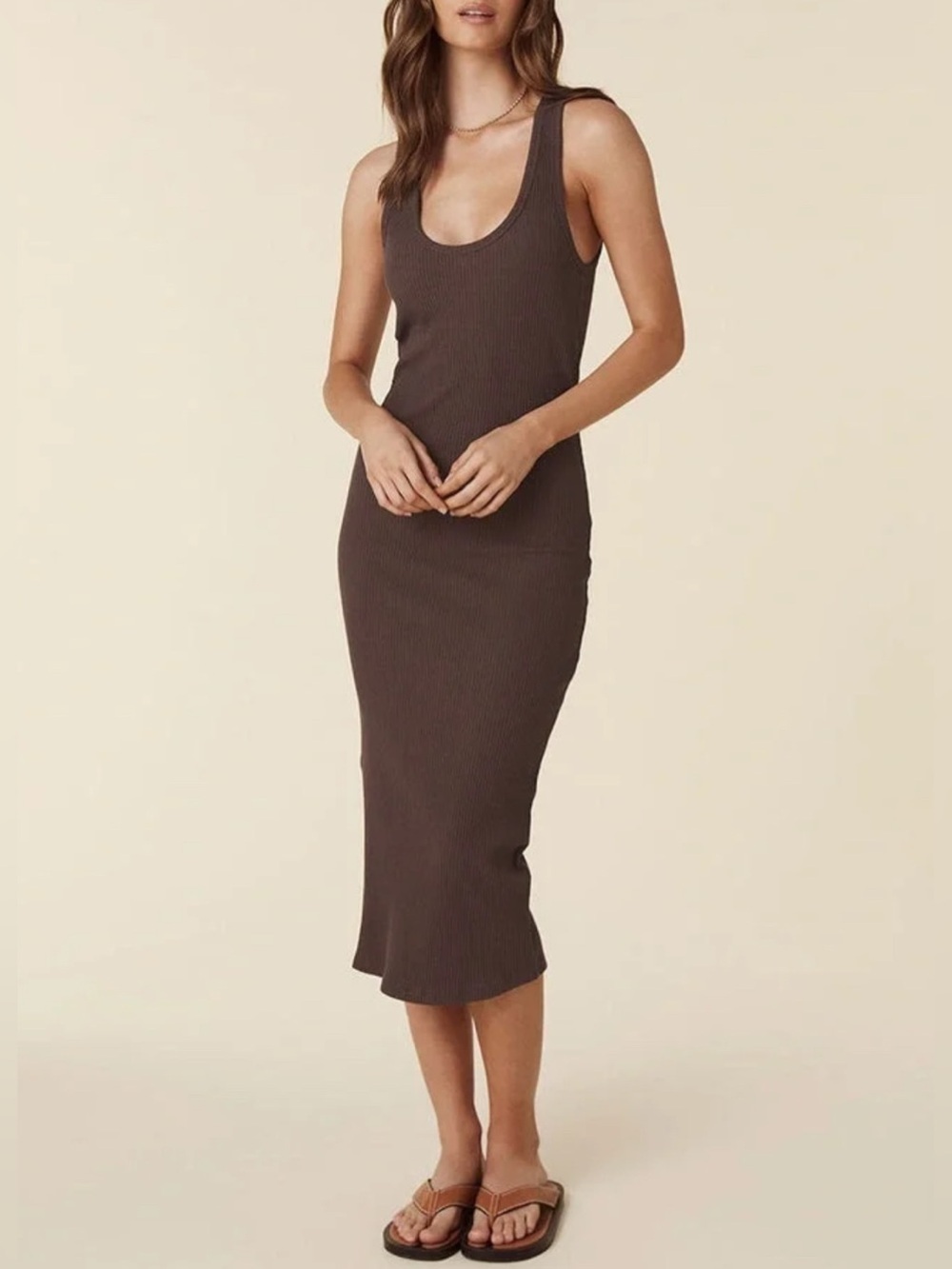 NEW Spell Staples Rib Singlet Midi Dress Brown XXS